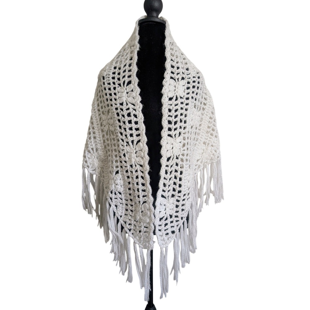 Handmade Cottage Chic Boho Earthy Whimsy White Crochet Fringe Pancho
